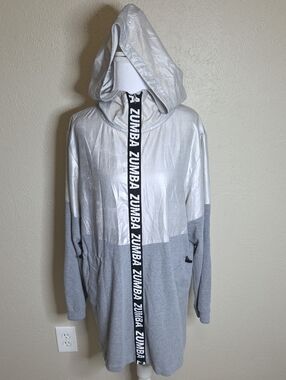 Zumba Fitness Silver and Gray Hooded Longline Bomber Jacket, Medium